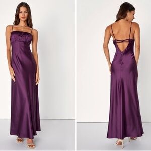 LULU's Elegant Sexy Prom Wedding Bridesmaid Satin Open Back Maxi Dress NWOT